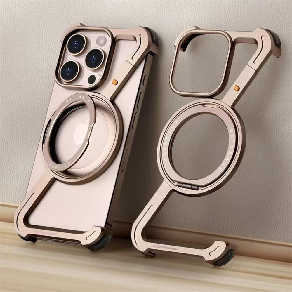 Luxury Metal Magnetic Phone Case for iPhone 17 Air 16 15 Pro Max For Magsafe 360° Rotation Stand Frameless Shockproof Protection Cover