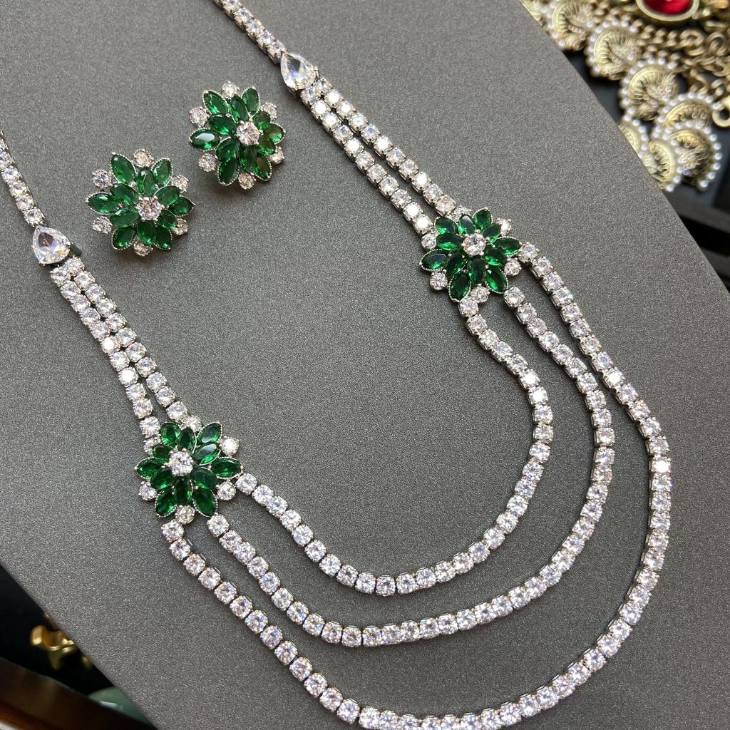 Internet Celebrity Double Layer Green Chrysanthemum Claw Chain Diamond Zircon Necklace Light Luxury Women Versatile Chrysanthemum Earrings Set