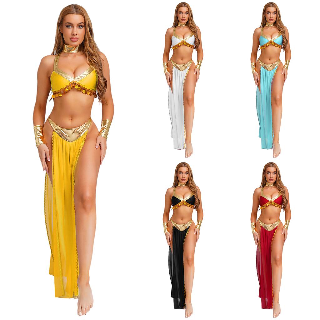 4-Piece Egyptian Queen Costume Set S-4XL for Womens - Crop Top Collar Sleeves and Side Slit Chiffon Skirt with Metallic Shiny Details