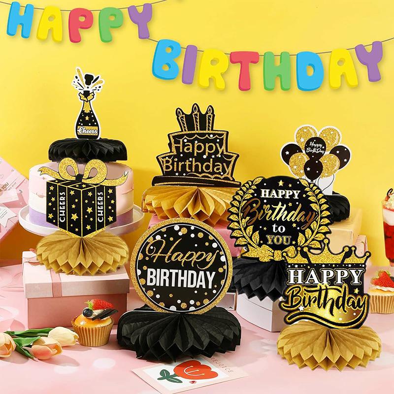 9 Pcs Happy Birthday Party Table Decorations | Black And Gold Birthday Center Pieces For Table | Honeycomb Table Centerpieces