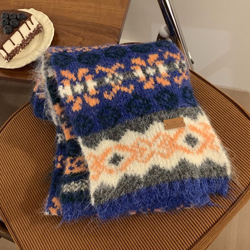 Fair Island Style Retro Blue Knitted Scarf Female Winter Korean Atmosphere Student Thickened Warm Scarf