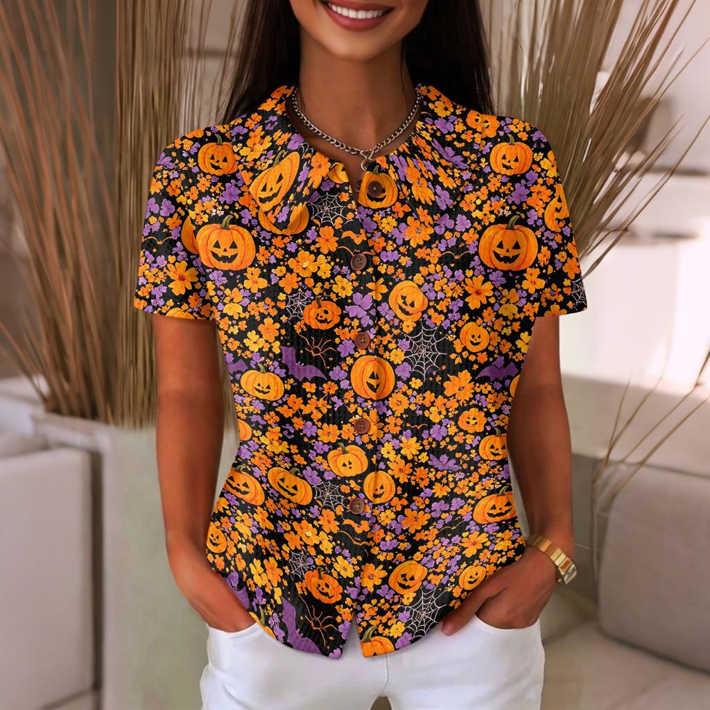Women's Casual Button Front Waffle Knit Shirt Halloween Print Short Sleeve Top Lightweight Comfortable Relaxed Fit
