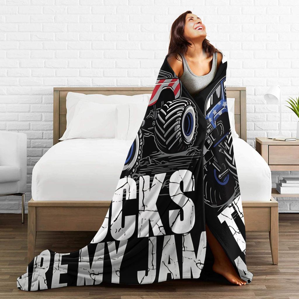 Monster Trucks Are My Jam Plush Blanket Girls Boys Flannel Throw Blanket For Couch Chair Warm Custom Quality Bedspread Gift