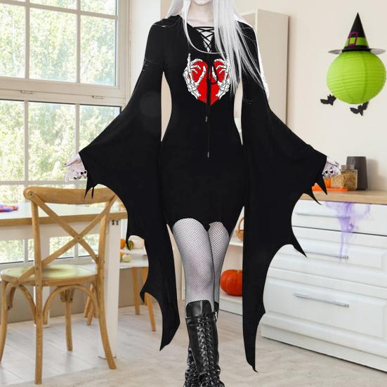 

Женское платье на Хэллоуин, облегающее платье с рукавами-колокольчиками, цветочным принтом, нерегулярные манжеты, готический, с v-образным вырезом, сплошной цвет, косплей L