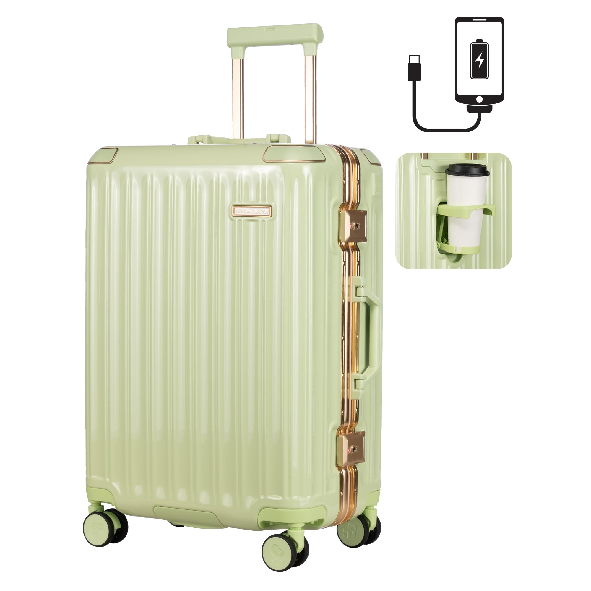 

GURAMU and L Aluminum with USB Cup Charging Overnight Cute Large Suitable for International and Domestic Travel Suitcase, S, M, Sizes, Frame, Port, зелёный
