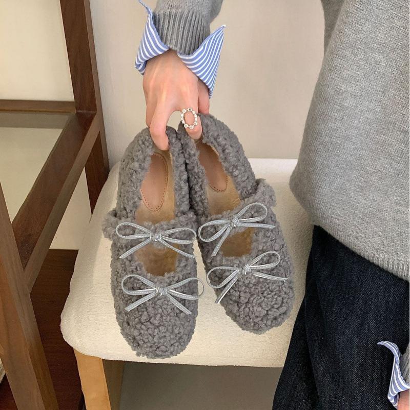 

Осень-зима 2025 новая модель с круглым носком, из овечьей шерсти, с надписью и бантом, на скрытой танкетке, универсальные женские хлопковые туфли 40 серый