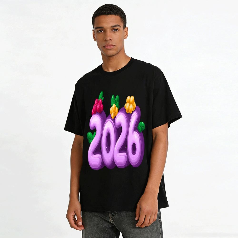 2026 Berry Themed New Year Loose Printed Top For Men And Women Pure cotton T-shirt