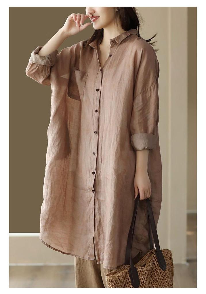 2026 Spring Women's Retro Cotton Linen Dark Pattern Mid-Length Cardigan Shirt