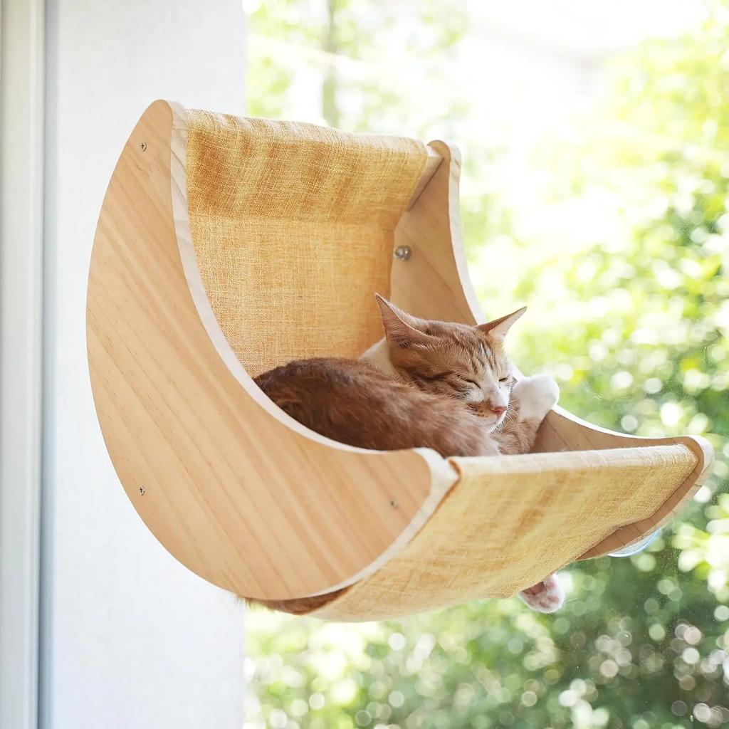 Wooden Wall-Mounted Cat Activity Centre with Scratching Board Hammock and Climbing Stairs Pet Climbing Play Furniture