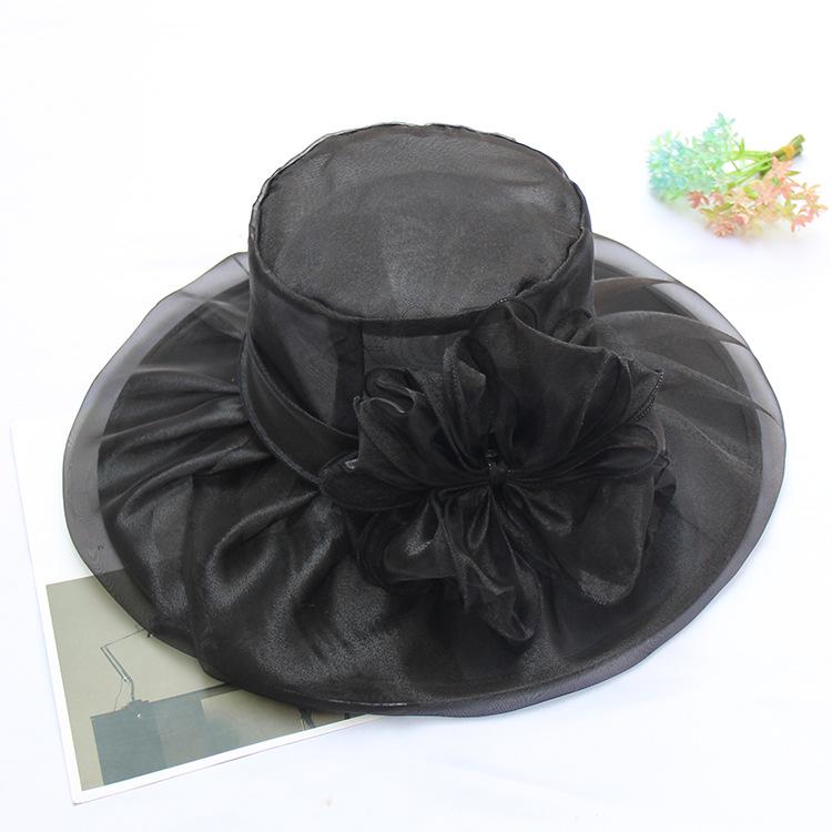 Flower Mesh Top Hat Retro Elegant Double-Layer Organza Sun Hat Foldable Sunscreen Big Brim Hat Women'S Summer