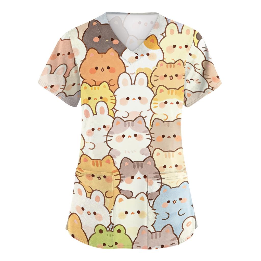 Womens V Neck Short Sleeve Work Shirt with Pockets Animal Print Top Medical Uniform Scrub Tee for Healthcare Professionals