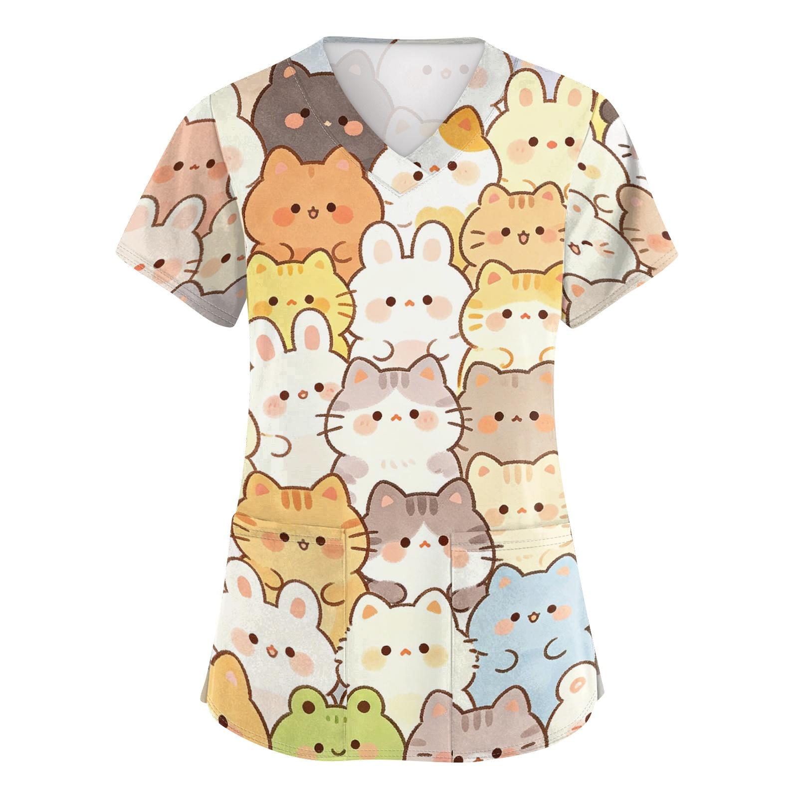 

Womens V Neck Short Sleeve Work Shirt with Pockets Animal Print Top Medical Uniform Scrub Tee for Healthcare Professionals XXL бежевый