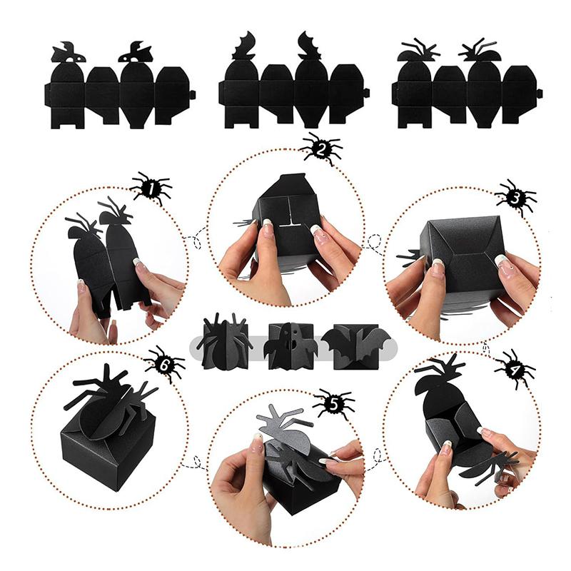12pcs Halloween Candy Box Mini Black Square Spider Pumpkin Ghost Skull Cookie Gifts Packaging Boxes Halloween Party Decoration