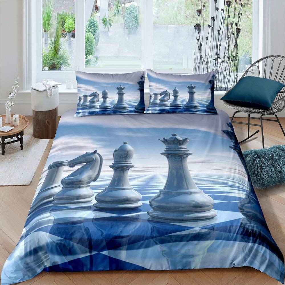International Chess Duvet Cover Set Queen Size Chess Lovers Bedding Set for Boys Adults Microfiber Black Base 2/3pcs Quilt Cover
