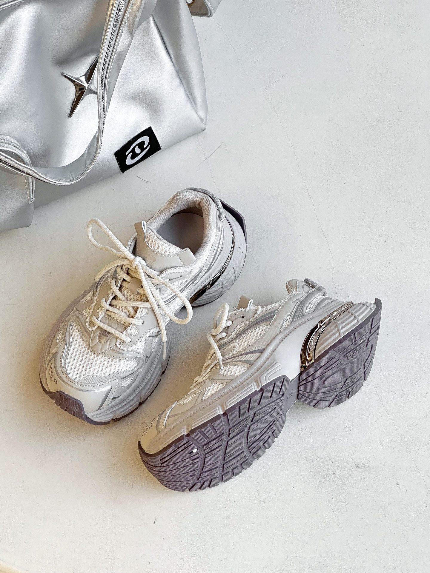 

2025 spring and autumn new leather silver dad shoes women s platform muffin mesh versatile small casual shoes 35