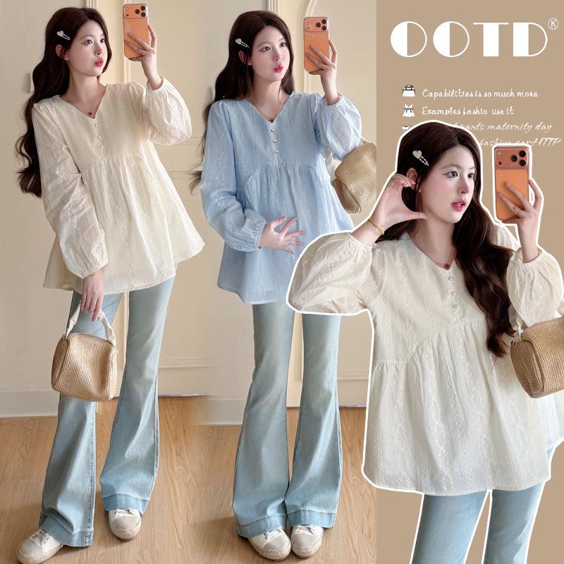 2026 Spring Maternity Collection: V-neck Pure Cotton Embroidered Doll Shirt, Plus Size Tummy-Covering Design M