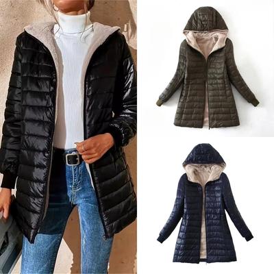 Dámska bunda Zimná nová Stredná kórejská edícia Flís s kapucňou Fit Plus Fleece Bavlna Kabát Teplý Lamb Fleece Parkas Zimné bundy