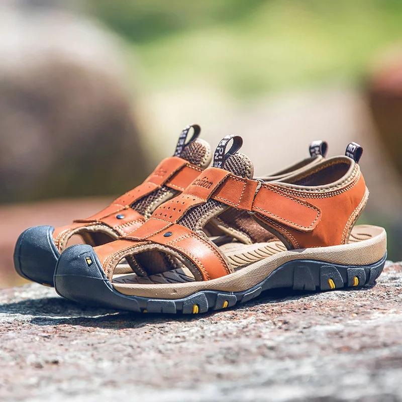 fashion Men's Shoes Summer Baotou Men's Sandals Top Layer Leather Outdoor Beach Shoes Baotou Beach Shoe Beach Shoes Outdoor Sandals