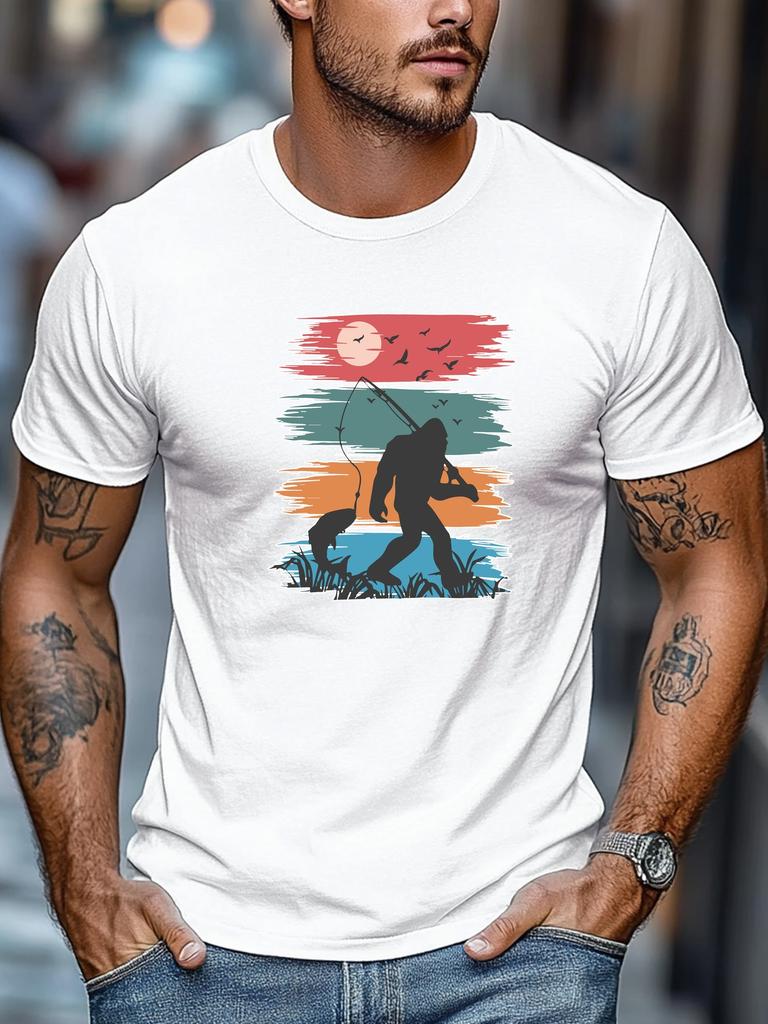 Mens Summer Fishing TShirt Bigfoot Catch Fish Print Short Sleeve Round Neck Breathable Soft Outdoor Daily Wear