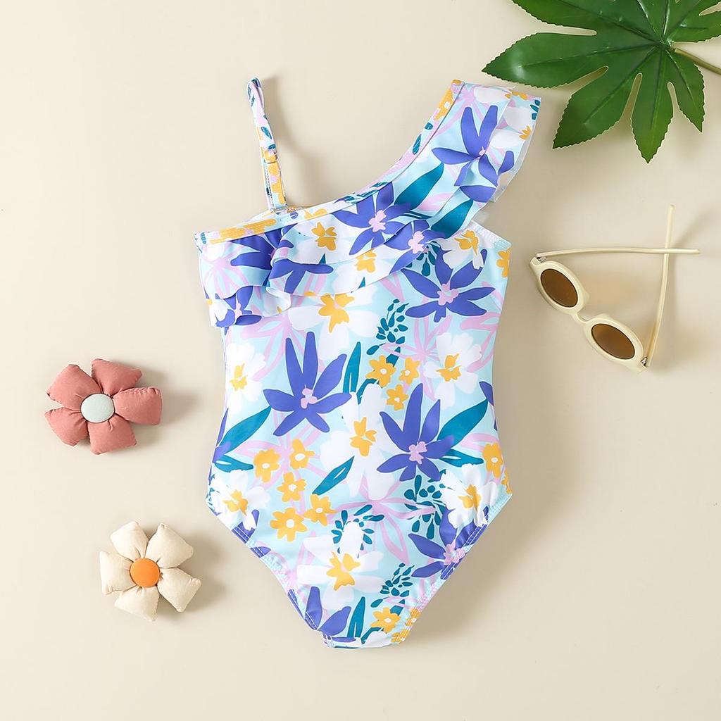 Girls' Floral One-Shoulder Swimsuit: Cute Print Children's Swimwear for Hot Springs