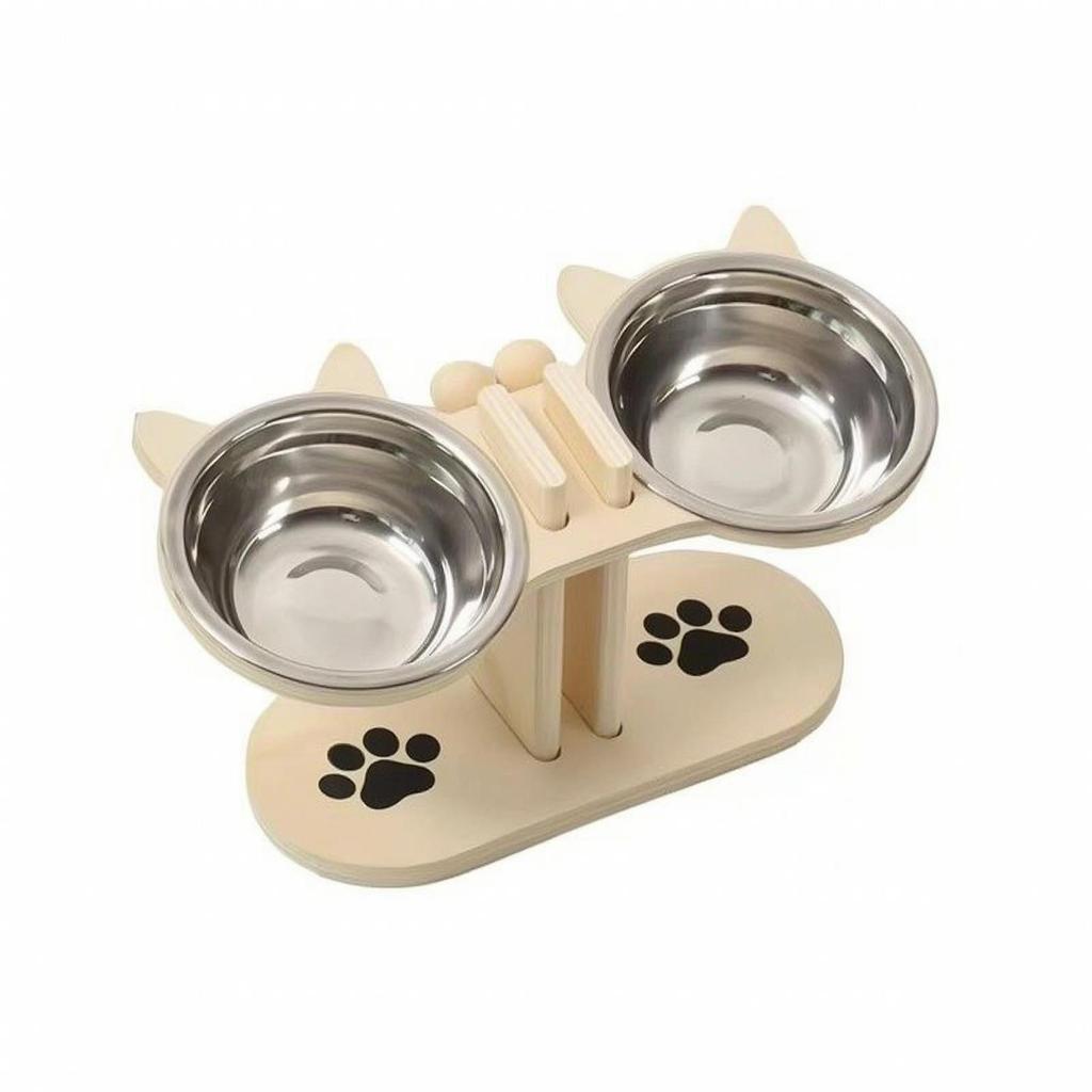 Küçük Köpekler İçin Paslanmaz Çelik Kaseli Suya Dayanıklı Ahşap Evcil Hayvan Standı
