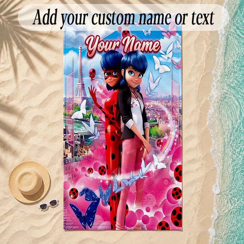 Beach TowelMiraculous Ladybug Custom Name Text Personalized Soft Towel for Beach Pool Indoor Home Decor Gift