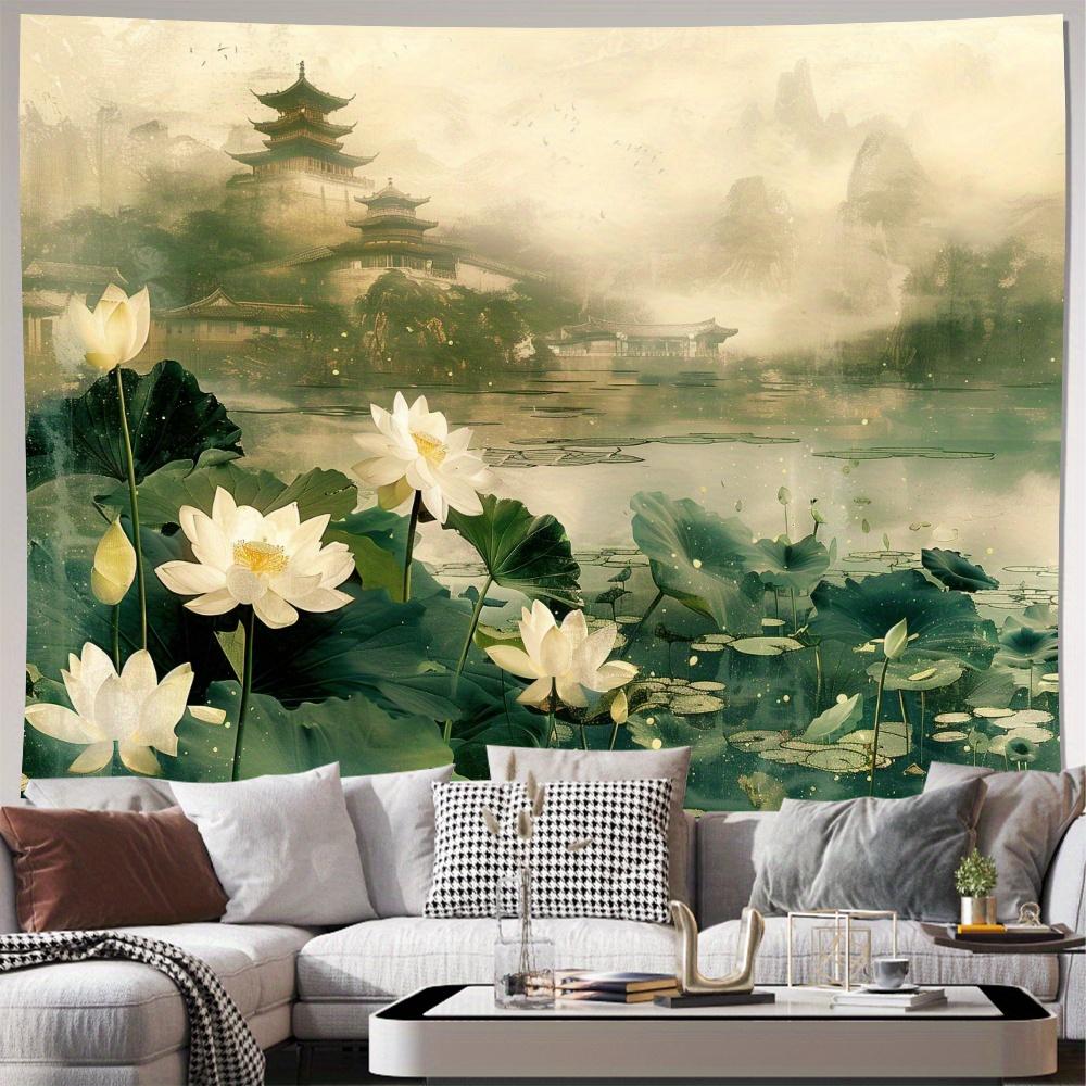 Large Asian Landscape Tapestry Lotus Flowers Oriental Zen Style Wall Hanging for Living Room Decor 150x300cm
