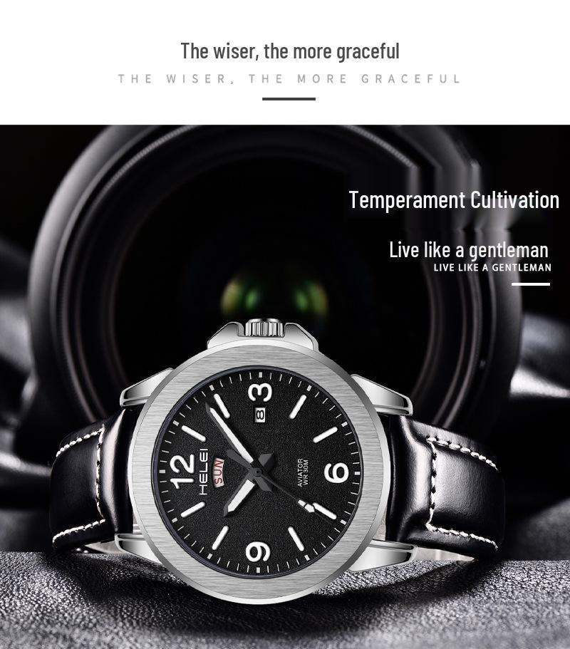 Hot-Selling Men's Fashion Quartz Watch: Waterproof, Luminous, Genuine Leather Strap