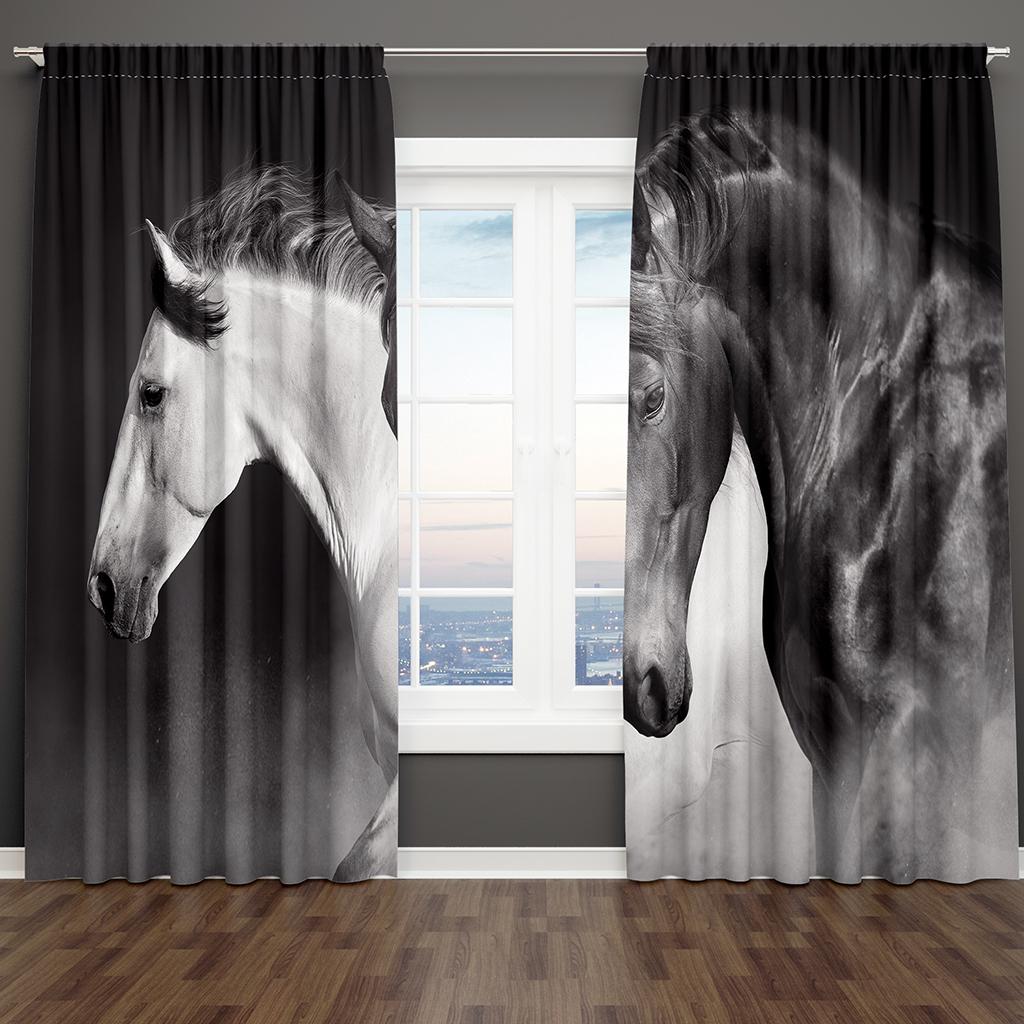 

Горный пейзаж Лошади Белый Черный 2 шт Тонкая затеняющая занавеска Гостиная Спальня Домашний декор Крючок 100W130H(CM)40x51in&Grommet Top