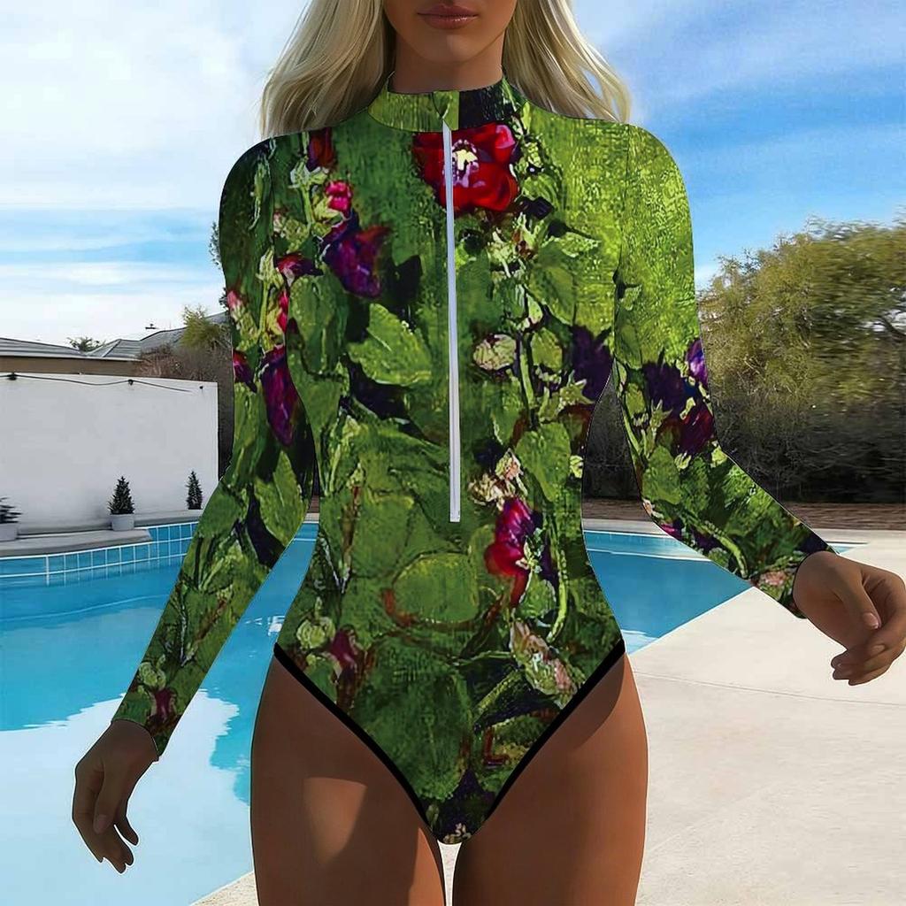 Women Long Sleeve One Piece Swimsuit Zip Front Plant Print Rash Guard Surfing Bathing Suit