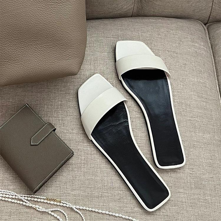 Sheepskin version~ Summer retro one-word belt simple and comfortable flat-bottomed cool slippers for women
