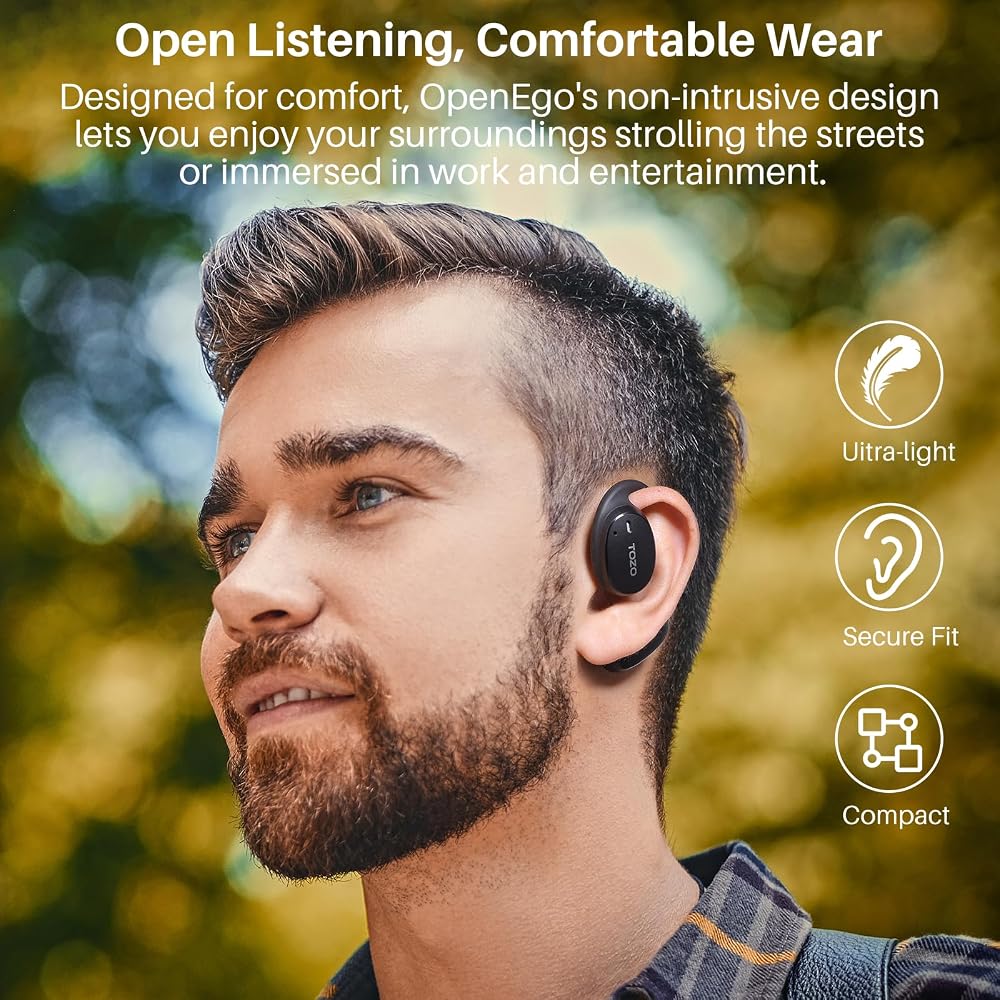 TOZO OpenEgo Wireless Earphones, Bluetooth 5.3, Open-Ear Design, Superior Fit, Doesn't Block Ears, LED Display, AI Noise Reduction During Calls, Appro