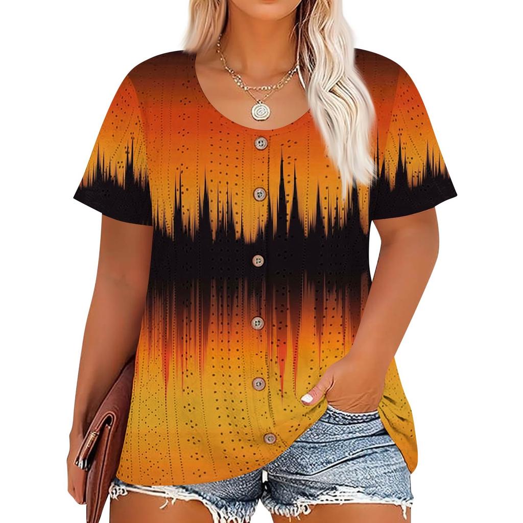 Übergröße Damenmode Lässig Vintage Bedruckt O-Ausschnitt Kurzarm Knopf T-Shirt Top