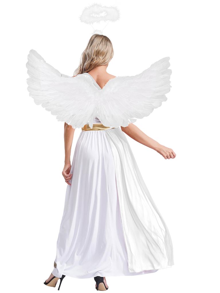 Women Halloween Angel Costume Sleeveless Chiffon Vintage Trim Tunic Dress Feather Angel Wings Headwear Set