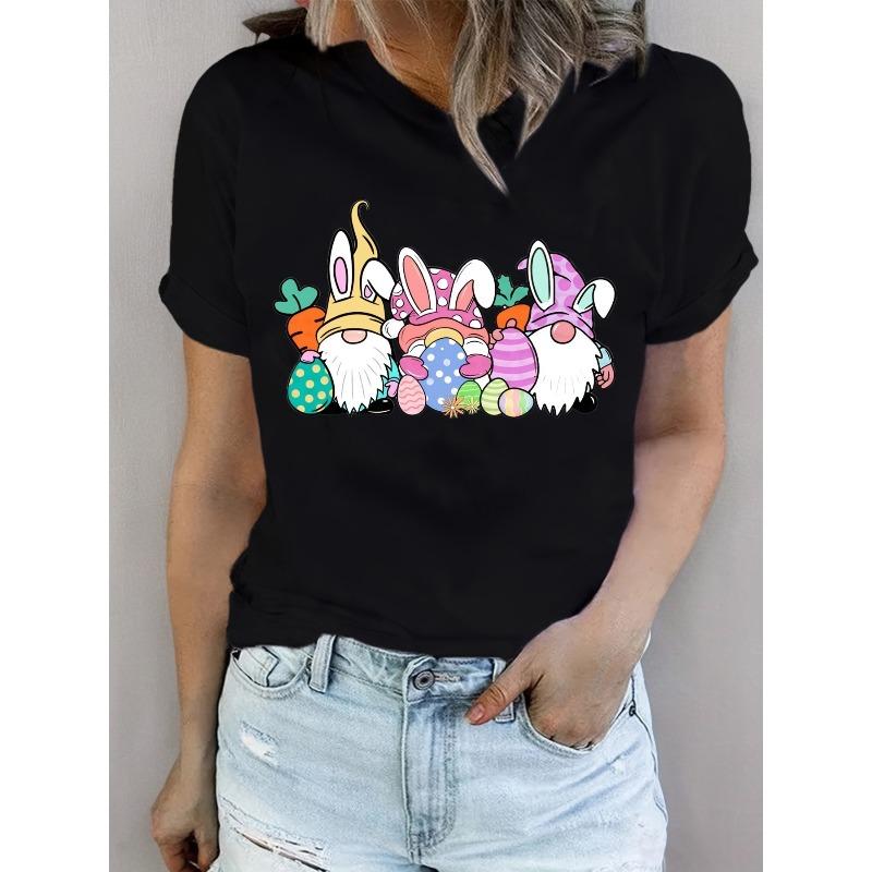 

Women s Easter Bunny & Eggs Graphic Tee Crew Neck Casual Regular Summer Top 4XL чорний