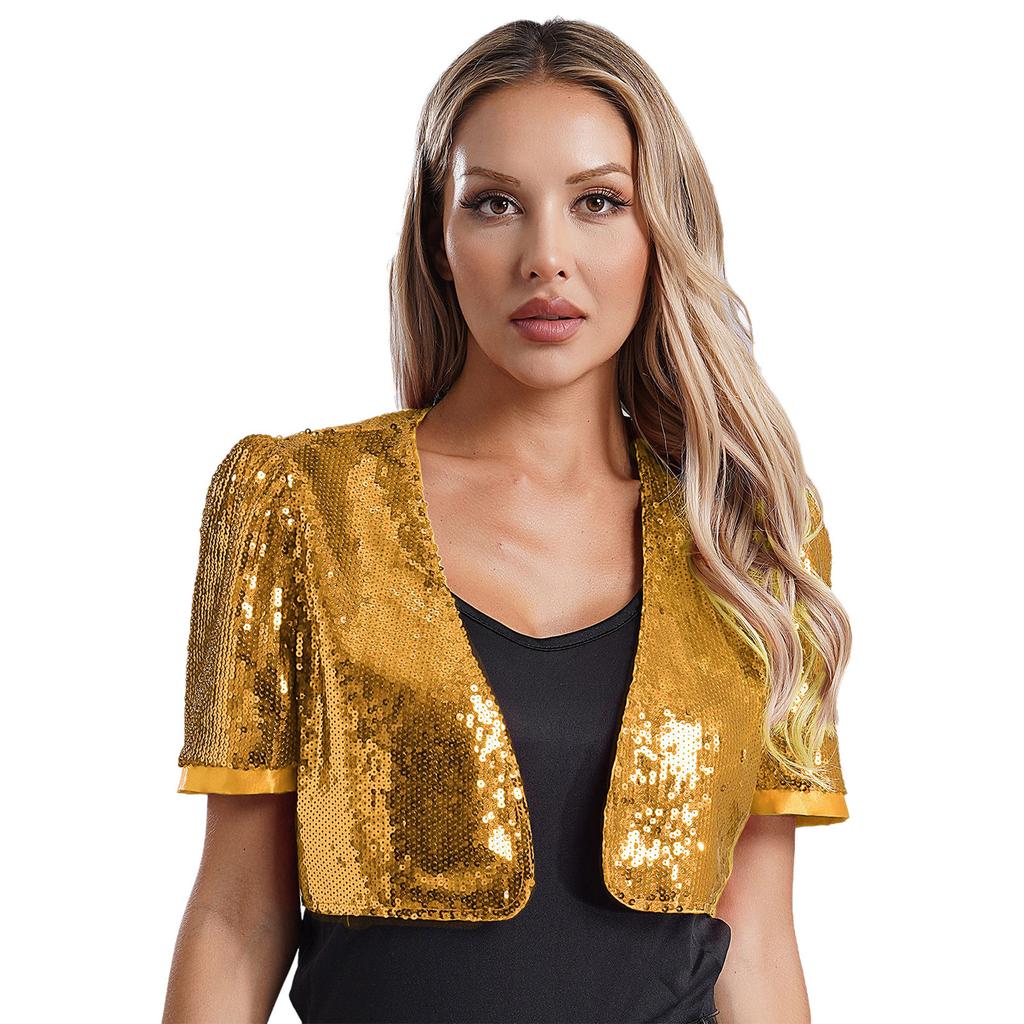 Women Glitter Sequin Cardigan Cropped Jacket Short Sleeve Open Front Fully Lined Stylish Club Cover Up
