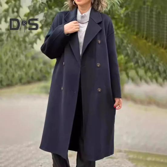 Women's Woolen Coat Autumn Winter Double-breasted Lapel Overcoat Loose-fit Solid Color Warm Long Coat for Office Daily Wear