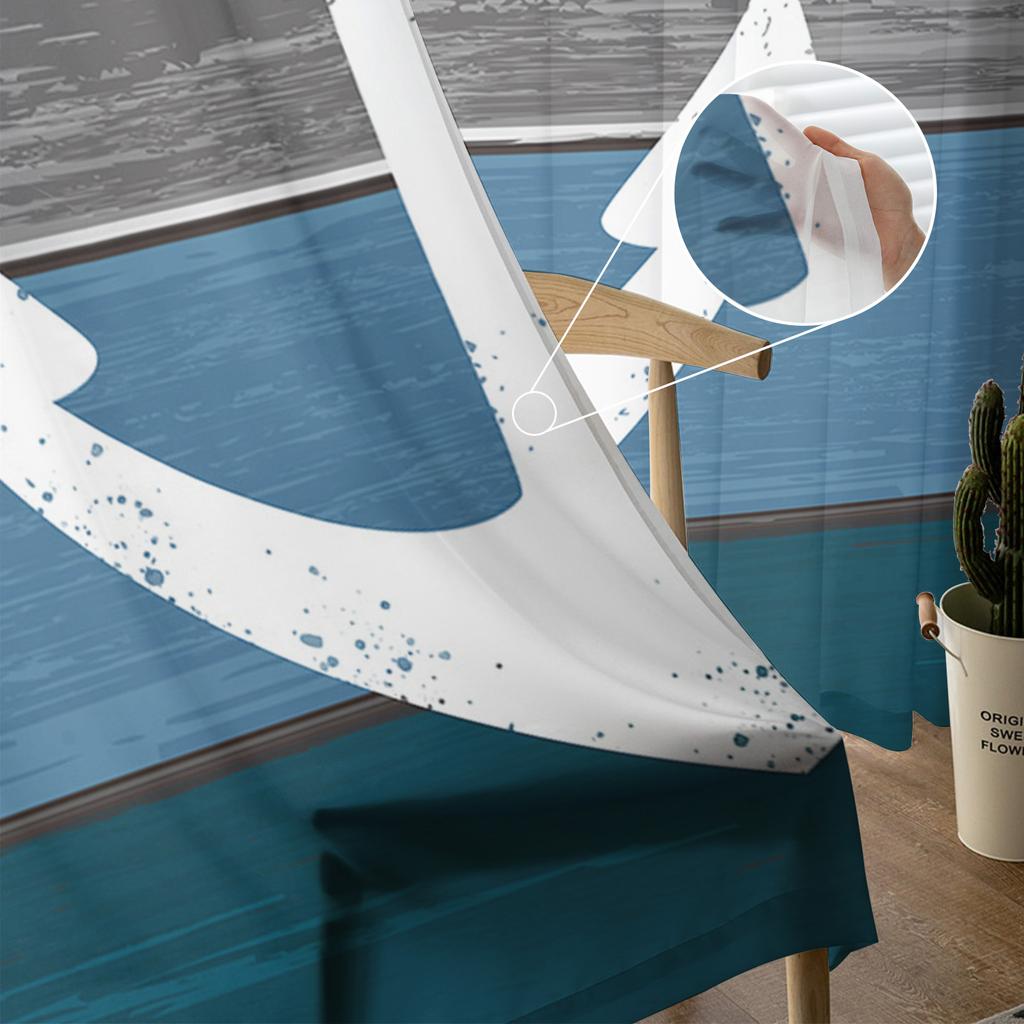 Vintage Farm Barn Wood Grain Anchor Blue Sheer Curtains for Living Room Decoration Window Curtains Kitchen Tulle Voile Curtains