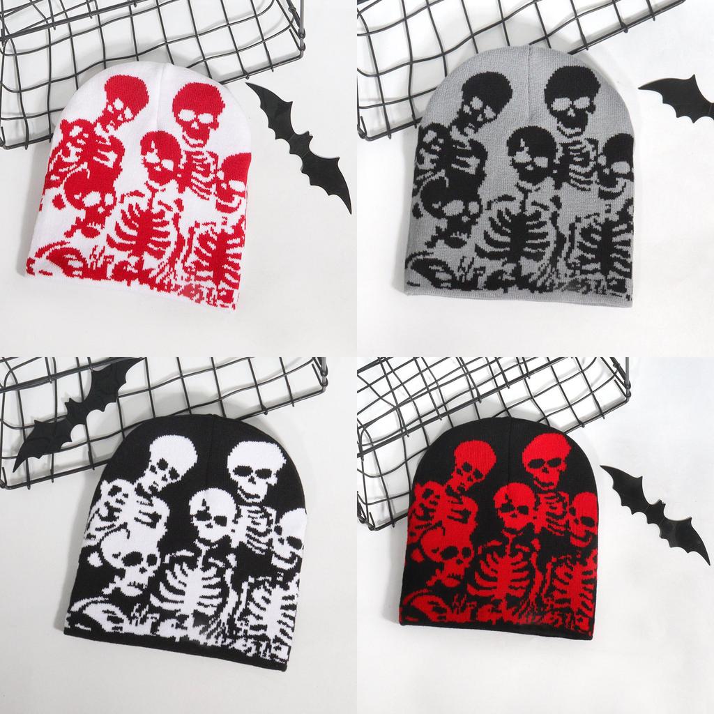 Skull Pattern Knitted Cap With Acrylic Fabric For Fall Winter Streetwear And Hiphop Style