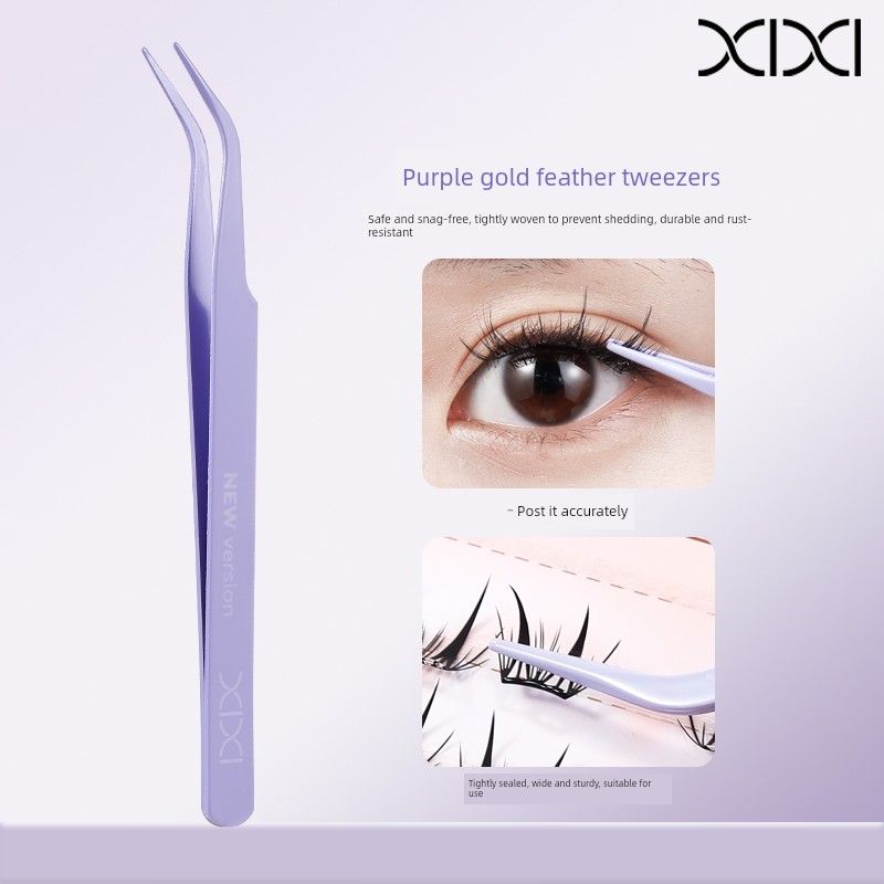 Xixi Upgraded High-Precision False Eyelash Tweezers, Safe Gold Feather Clip, Portable Tool for Beginner Eyelash Technicians Purple Large 2.0 Gold Feather Clip