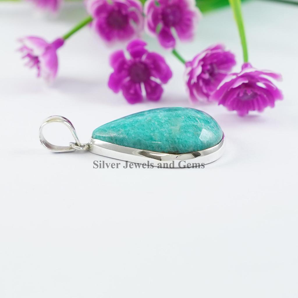 Natural Amazonite Pendant, Handmade Pendant, 925 Sterling Silver Pendant, Simple Teardrop Pendant, Gift for Wife
