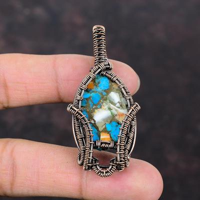 Stachelige Auster Kupfer Türkis Anhänger, Kupferdraht umwickelt, Edelsteinanhänger, handgefertigter Schmuck, Designeranhänger als Geschenk, einzigartiger Kupferschmuck