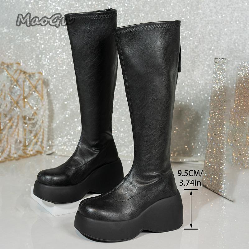 Short Plush Women'S Knee-High Boots Autumn Winter Thick Sole Long Boots Black Pu Back Zip Platform Botas Largas Mujer Size 36-42