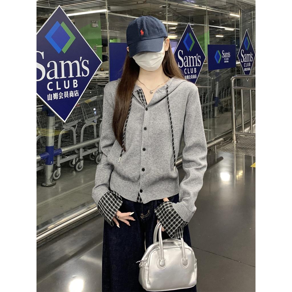 Sweet and cool plaid splicing knitted jacket women's autumn and winter hooded cardigan backing top single-breasted age-reducing sweater