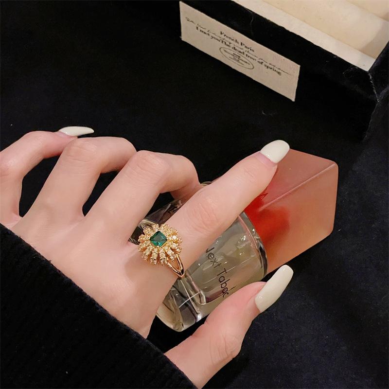 Caibao Series Light Luxury Elegant High Sense Exquisite Full Of Diamonds Zircon Flower Opening Ring Medieval Woven Index Finger Ring