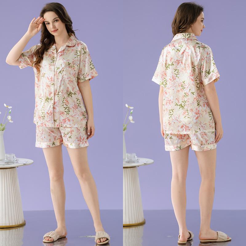 Ice Silk Pajamas Femininity Fashion Summer Short-Sleeved Shorts Sweet Floral Loungewear Can Be Worn Outside