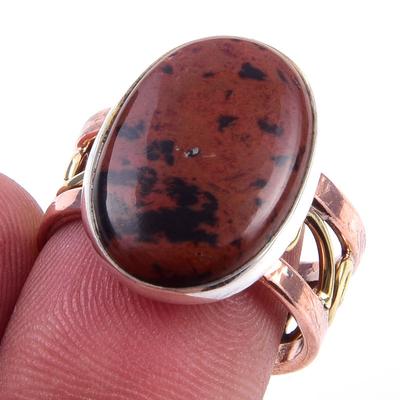 Naturalny Kamień Obsydian Mahogany Srebro Próby 925 Dwukolorowy Pierścionek R.7.5 B3f69