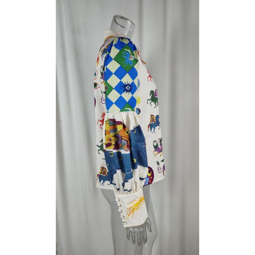 Women's Loose Graffiti Print Turn-Down Collar Lantern Long Sleeve Spring Cardigan Shirt