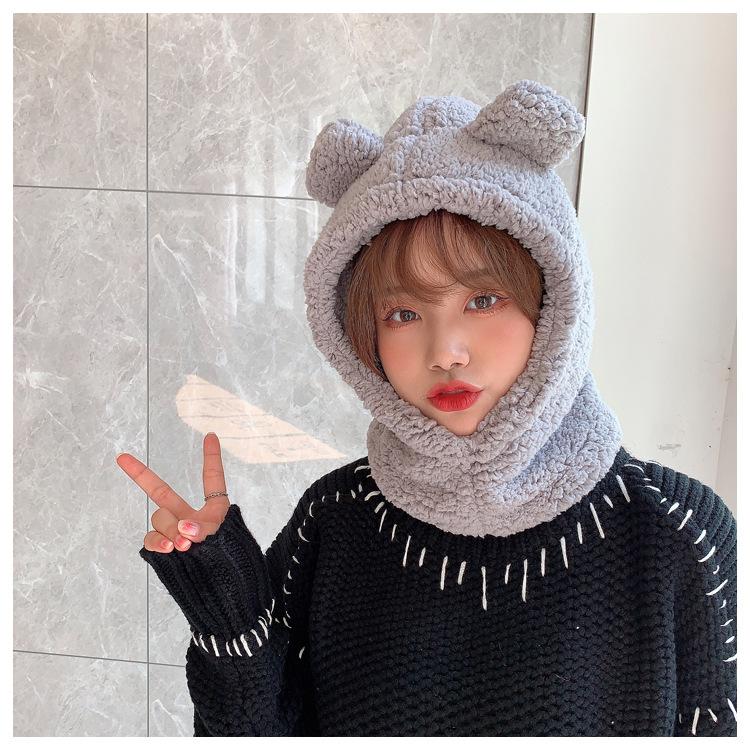 Cute Bear Ears Beanies Women Winter Head Hood Scarf Hat Cap Thicken Cozy Warm Bonnet Female Lamb Balaclava Riding Bobble Hat