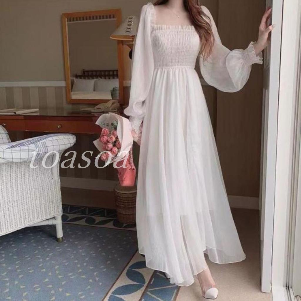 Maxi Suitable for and Flared [ToaSoa] Women's Long-Sleeved Dress, Spring, Summer, Autumn, Winter, Stylish, 2-Way Design, Chiffon, (L)